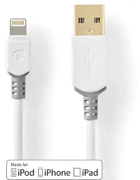 Nedis Lightning kabel 2m bílá/šedá / Datový kabel / USB-A 2.0 (M) - Lightning 8-pin (M) / 480 Mbps / Pozlacené konektory (CCBW39300WT20)