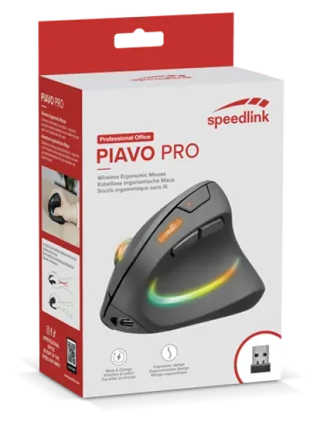 Speed Link PIAVO PRO / Vertikální myš / Bezdrátová / Dobíjecí / RGB podsvícení (SL-630026-BK)