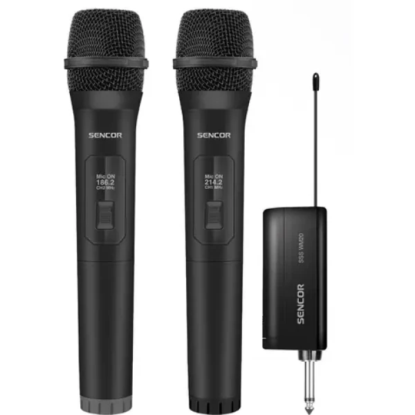 SENCOR SSS WM20 / Dva bezdrátové mikrofony s přijímačem / dosah až 20m / doba provozu až 3 hodiny / 2x AA/LR6 (8590669377817)