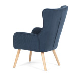 Křeslo, potah modrá manšestrová látka, dřevěné nohy, masiv kaučukovník