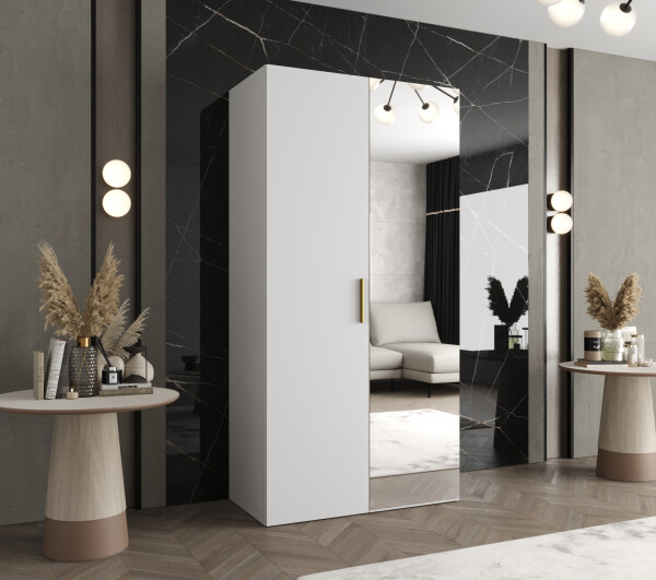 Šatní skříň Abi Bari 2 Rozměry: 100 cm, Pásky / úchyty: Zlatý, Barva korpusu + barva dveří: Bílá + Bílá