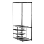 Stojan na šaty dvouramenný se čtyřmi policemi, černá barva, kov / plast, chrom