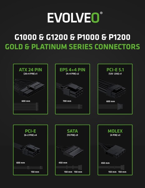 EVOLVEO G1000, zdroj 1000W, 80+ GOLD, ATX 3.1, aPFC, 140 mm ventilátor, plně modulární, záruka 3 roky, černý