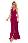 Dlouhé dámské šaty v bordó barvě s výstřihem a zavazováním M model 17283131 - numoco
