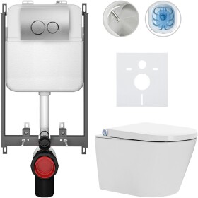 CERANO Závěsné WC s bidetem Basic/Cronus Standard - bílá lesklá - WC tlačítko Dualo/Stříbrná - pro zazdění - 59,3x38,4 cm
