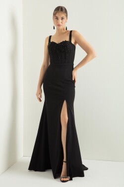 Lafaba Women's Black Stone Underwire Corset Slit Long Evening Dress