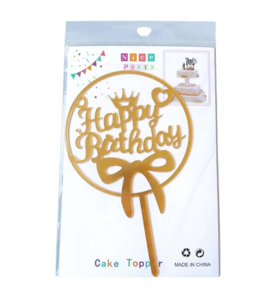 Dortisimo Zápich do dortu zlatý Happy Birthday v kruhu s mašlí