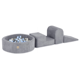 PLUSH NEST PLUSH NEST Hrací sestava s bazénem (3 prvky + bazén Ø 90 × 30 cm) s 200 míčky šedá