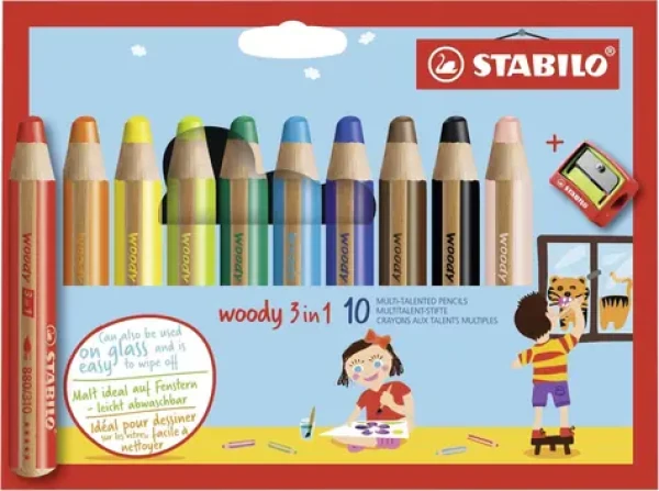 STABILO® woody 3 in 1 - 10 ks sada s ořezávátkem - 10 různých barev (880/10-2)