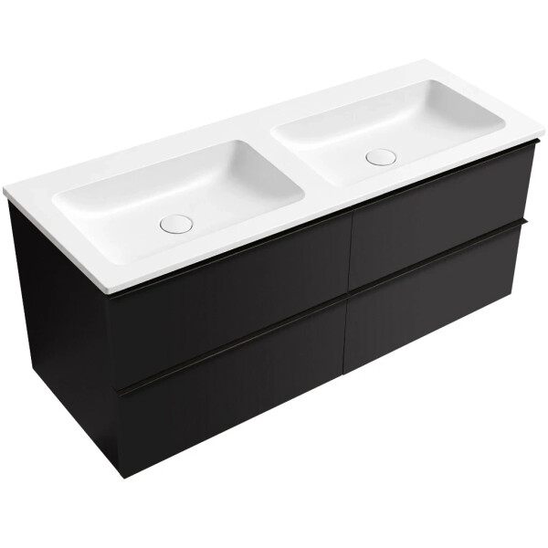 CERANO - Koupelnová skříňka Velora - černá matná, úchytka černá + dvojumyvadlo z lit. mramoru Amati - bílá matná - 121x54,5x46,7 CER-598843