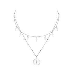 Dvojitý náhrdelník Fanny - chirurgická ocel, větrná růžice, Stříbrná 48 cm + 5 cm (prodloužení)