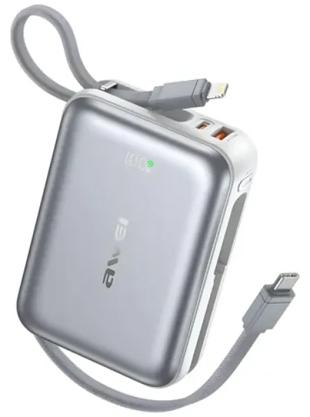 Awei C03 stříbrná / Powerbanka / 20000 mAh / kabely Lightning a USB-C v těle / 45W (C03)