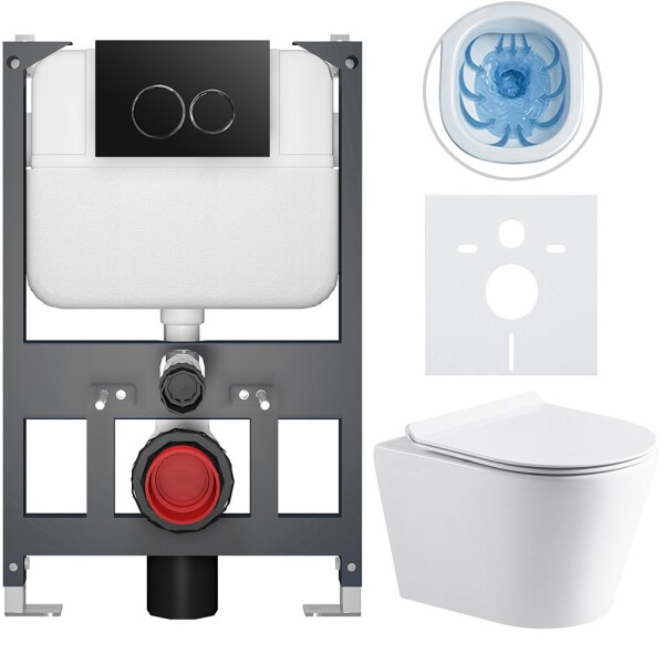 CERANO Kompletní WC set Basic/Carlito - bílá lesklá - WC tlačítko Dualo/Černá - závěsné - nízký modul - předstěnová instalace - 48,5x36,5 cm