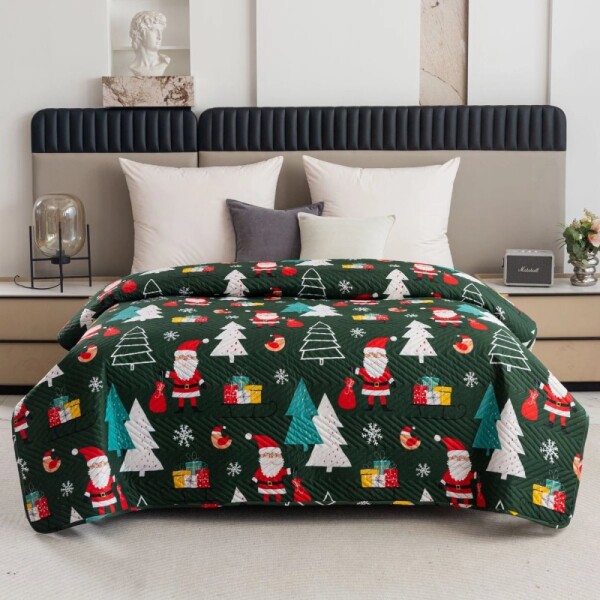 DumDekorace Prošívaný vánoční přehoz s motivem Santa Clause - zelený dekorativní přehoz Šířka: 200 cm | Délka: 220 cm