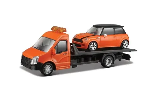 Bburago STREET FIRE Přepravní vozidlo Flatbed Transport + MINI COOPER S 1:43