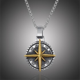 Ocelový náhrdelník s medailonem větrná růžice, kompas, Zlatá 60 cm