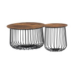 Set 2 ks stolků,pr.60x34, pr.37x39 cm, deska MDF, 3D dekor staré dřevo, kovová drátěná podnož, černý mat