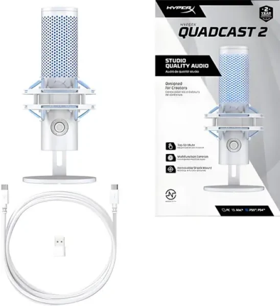 HyperX QuadCast 2 Frost / Stolní mikrofon / USB-C / RGB podsvícení / dotykové ztlumení / 3 m kabel (AN1D9AA)