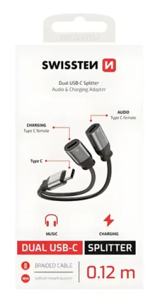 Swissten Textile černá / Nabíjecí audio adaptér / USB-C (M) na 2x USB-C (F) / 0,12 m (73502302)