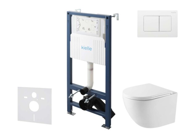 Kielle - Genesis New Set předstěnové instalace, kompaktního klozetu Oudee, Vortex Rimless+, sedátka softclose a tlačítka Gemini New III, lesklá bílá 30528SS43