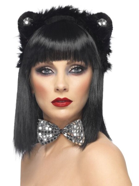 Smiffys.com Sada kočka černostříbrná, ouška, mašle