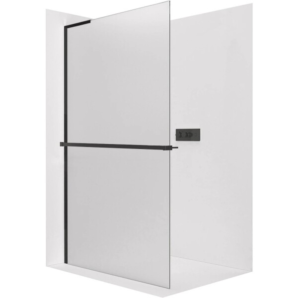 CERANO Sprchová zástěna Walk-in Onyx L-levá vzpěra - 8 mm + polička/držák na ručníky - černá matná, mléčné sklo - 150x200 cm