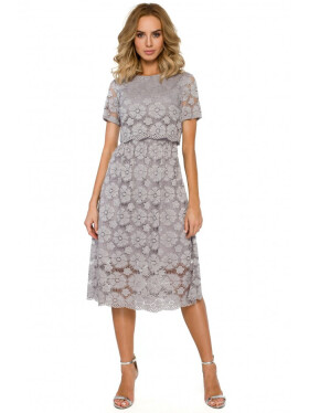 M405 Krajkové midi šaty s výstřihem - šedé EU M