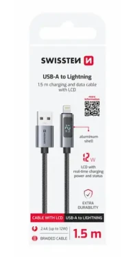 SWISSTEN Kabel USB-A na Lightning s LCD displejem 1.5m černá / 12W / USB-A (M) / Lightning (71551070)