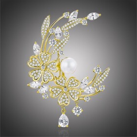 Luxusní květinová brož Swarovski Elements Josette, sladkovodní perla, Bílá