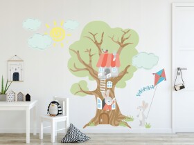 DumDekorace Moderní dětská nálepka zeď zaječí rodinka ze stromu 100 x 200 cm