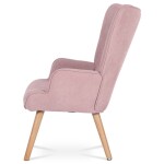 Křeslo "ušák" s podnožkou, potah starorůžová látka, nohy masiv kaučukovník