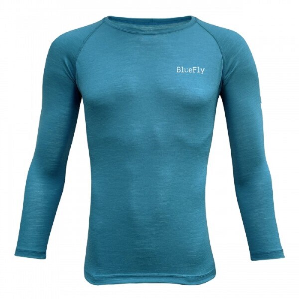 Funkční triko MERINO modré, dlouhý rukáv, a malým nápisem "Blue Fly" unisex L - modré