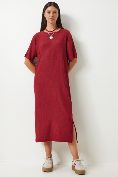 Happiness İstanbul Women's Burgundy Loose Long Casual Knitted Dress