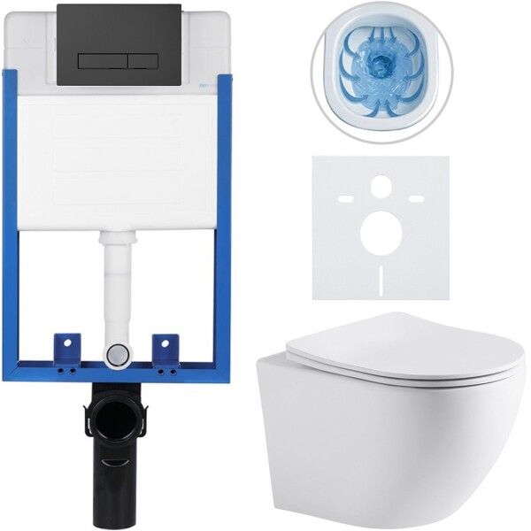 CERANO - Kompletní WC set Profi/Cesso - bílá matná - WC tlačítko Slim/Černá matná - pro zazdění - 49x36 CER-8050BD26