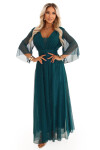 654-1 Dlouhé lesklé plus size šaty s výstřihem a průhlednými rukávy - lahvově zelené UNI