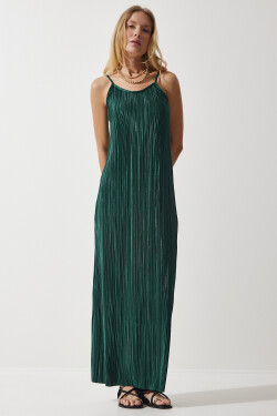 Happiness İstanbul Women's Emerald Green Strappy Summer Pleated Dress