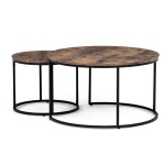 Set 2 ks stolků, MDF deska, dekor staré dřevo, kovová podnož, černý lak