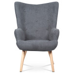 Křeslo "ušák" s podnožkou, potah šedá látka, dřevěné nohy, masiv kaučukovník