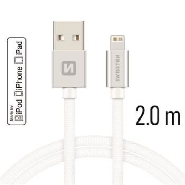 Swissten 71524303 USB 2.0 typ A na Lightning, USB 2.0, zástrčka A - zástrčka Lightning, MFi, opletený, 2m, stříbrný