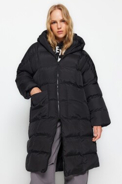 Trendyol Black Oversize vodoodpudivý dlouhý péřový kabát kapucí