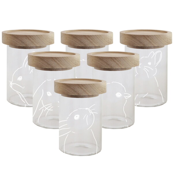 Eulenschnitt Skleněná dóza s víkem Mini Glass/Oak Easter – set 6 ks, čirá barva, přírodní barva, sklo, dřevo
