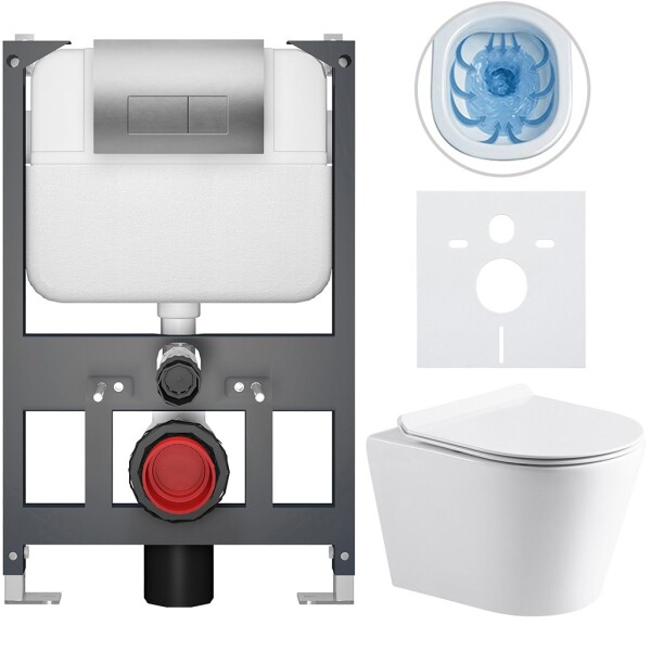 CERANO - Kompletní WC set Basic/Carlito - bílá lesklá - WC tlačítko Modulo/Stříbrná - závěsné - nízký modul - předstěnová instalace - 48,5x36,5 CER-8050BD86059