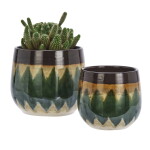 MADAM STOLTZ Kameninový obal na květináč Reactive Green / Brown / Beige větší, zelená barva, keramika