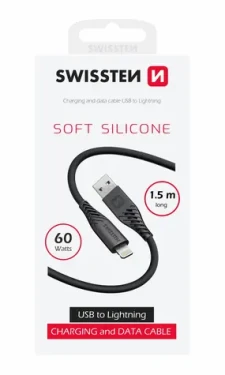 SWISSTEN SOFT SILICONE datový kabel Lightning 1.5m černá / 60W / 3A / 1x USB-A(M) / 1x Lightning(M) (71533010)