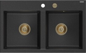 MEXEN/S - Hektor granitový dřez 2-bowl 800 x 480 mm, černá/stříbrná metalik, zlatý sifon 6521802000-73-G