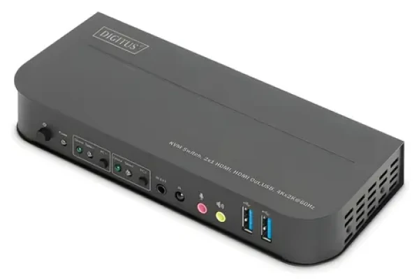 Digitus KVM přepínač 2-port HDMI 4K / KVM přepínač / 4K 60Hz / USB / kovové tělo / dálkové ovládání (DS-12874)
