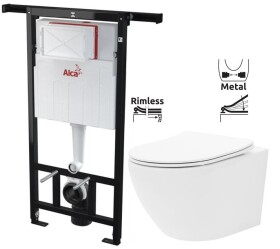 ALCA Předstěnový instalační systém bez tlačítka + WC REA Carlo Flat Mini Rimless + SEDÁTKO AM102/1120 X CF1