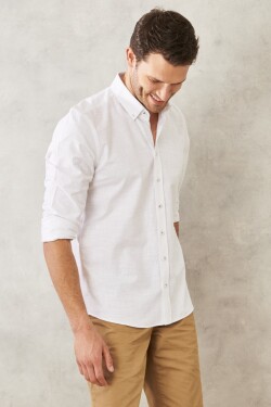 Pánská bílá košile AC&Co / Altınyıldız Classics Slim Fit, úzký střih, 100% bavlna, dobby, s knoflíkovým límcem, neformální.