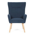 Křeslo, potah modrá manšestrová látka, dřevěné nohy, masiv kaučukovník