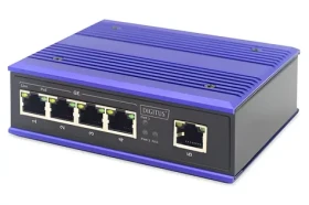Digitus Switch Ind. modrá / Switch / Průmyslový / 4x Gigabit + 1x Uplink / PoE+ 120W / Unmanaged / DIN lišta (DN-651120)